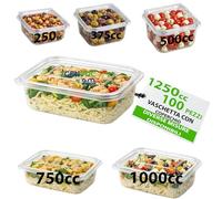 GM - 100 Vaschette Rettangolari Trasparenti 1250 cc in PET con Coperchio Unito, Contenitori Ermetici Idonei al Contatto Alimentare per Gastronomia, Banco Frigo e Pranzo Ufficio - 14,2×20,4×5h cm