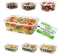 GM - 100 Vaschette Rettangolari Trasparenti 2000 cc in PET con Coperchio Attaccato, Contenitori Ermetici Idonei al Contatto Alimentare per Gastronomia, Banco Frigo e Pranzo Ufficio - 20,5×15×7,5h cm