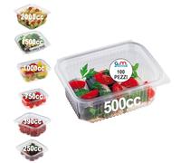 GM - 100 Vaschette Rettangolari Trasparenti OPS 500 cc con Coperchio Attaccato, Contenitori Ermetici Idonei al Contatto Alimentare per Gastronomia, Banco Frigo, Meal Prep e Pranzo - 13,5×12,5×5,5h cm