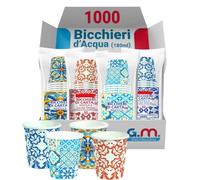 GM 1000 Bicchieri d' Acqua in Carta con Grafiche Maioliche, 180 ml, Biodegradabili e Biocompostabili, Usa e Getta, 4 Colorazioni, Ideale per Casa, Ufficio, Asporto Bevande Calde e Fredde