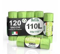 GM 120 Sacchi Spazzatura Verdi 70x110 cm, Biodegradabili x Umido, Resistenti, 110 litri, Sacchetti Bio Compostabili x Ristoranti, Buste Immondizia per Rifiuti Organici,12 Rotolo da 10 buste immondizia
