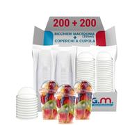 GM - 200 Bicchieri Trasparenti PP da 350 ml per Macedonia e Frutta con 200 Coperchi a Cupola Senza Foro, Bicchieri Idonei al Contatto Alimentare per Asporto ed Esposizione, Bar e Gastronomia