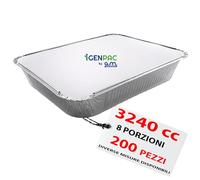 GM - 200 Contenitori Alluminio 8 Porzioni 3240 cc con 200 Coperchi Alluminizzati, Vaschette Extra Capienti Ideali per Forno, Congelamento, Catering, Banqueting e Asporto Professionale