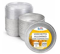 GM - 200 Vaschette Alluminio 1400 cc con Coperchio PET Trasparente, Rotonde Ø 20,8 x 5,7 cm, Contenitori per Asporto, Gastronomia e Rosticceria