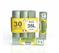 GM 30 Sacchi Spazzatura Verdi 50x60 cm Biodegradabili x Umido e Organico, 35 litri, Sacchetti Bio Compostabili, Buste Immondizia per Rifiuti Organici, 3 Rotoli da 10 buste immondizia