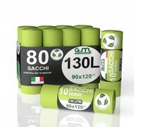 GM 300 Sacchi Spazzatura Verdi 90x120 cm Biodegradabili x Umido, Resistenti, 130 litri, Sacchetti Bio Compostabili x Ristoranti, Buste Immondizia per Rifiuti Organici, 30 Rotoli buste immondizia