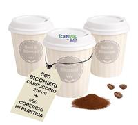 GM - 500 Bicchieri Cappuccino 210 ml con Coperchio a Beccuccio in Plastica - Bicchieri e Coperchi Usa e Getta Resistenti, Ideali per Asporto Bevande Calde, Bar, Caffetterie, Uffici e Catering