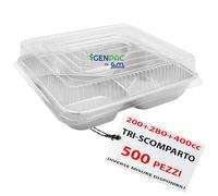 GM - 500 Contenitori Alluminio Triscomparto 200+280+480 cc con 500 Coperchi Rigidi Trasparenti, Vaschette a Tre Scomparti Ideali per Forno, Conservazione, Gastronomia e Asporto Professionale