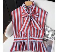 GMFP Blusa corta con colletto a fiocco a righe verticali, maniche a cappuccio, vita stretta e plissettata, per il Giorno dell'Indipendenza, la stagione delle vacanze, l'uso quotidiano, le riunioni e i