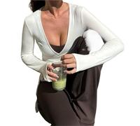 GMGQJST Scaldacuore Danza Bambina Maglietta a Maniche Lunghe con Fascia Avvolgente, Top Sportivi da Yoga, Top Corti da Donna, Camicetta Slim Fit con Scollo a V Profondo(White,M)