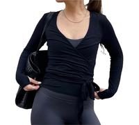 GMGQJST Scaldacuore Danza Bambina Maglietta a Maniche Lunghe con Fascia Avvolgente, Top Sportivi da Yoga, Top Corti da Donna, Camicetta Slim Fit con Scollo a V Profondo(Black,S)