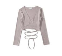 GMGQJST Scaldacuore Danza Bambina Maglietta Sexy da Donna in Maglia di Cotone con Allacciatura in Vita, Stile Balletto, con Scollo a V Incrociato, Maniche Lunghe, Crop Top(M)