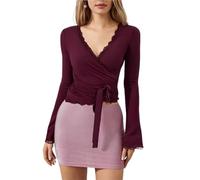 GMGQJST Scaldacuore Danza Bambina Top Avvolgente da Danza Classica con Lacci Incrociati for Donna, Maniche Lunghe con Bordi in Pizzo, Scollo a V, vestibilità Slim, con Lacci Anteriori(Color,M)