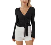 GMGQJST Scaldacuore Danza Bambina Top Avvolgente da Danza Classica con Lacci Incrociati for Donna, Maniche Lunghe con Bordi in Pizzo, Scollo a V, vestibilità Slim, con Lacci Anteriori(Black,S)