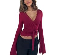 GMGQJST Scaldacuore Danza Bambina Top Avvolgente da Donna con Bordo in Pizzo, Maniche Lunghe, Scollo a V, for Allenamento e Yoga, vestibilità Slim, con Lacci sul Davanti(Color 04,XL)