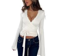 GMGQJST Scaldacuore Danza Bambina Top Avvolgente da Donna con Bordo in Pizzo, Maniche Lunghe, Scollo a V, for Allenamento e Yoga, vestibilità Slim, con Lacci sul Davanti(Color 03,M)
