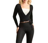 GMGQJST Scaldacuore Danza Bambina Top Corto da Allenamento for Yoga, a Maniche Lunghe, con Scollo a V Profondo, Tinta Unita, vestibilità Slim, da Donna, con Laccetti Incrociati Autunnali(Color 01,M)