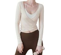 GMGQJST Scaldacuore Danza Bambina Top Corto Incrociato Aderente con Scollo A V Profondo E Maniche Lunghe Arricciate da Donna(Beige,L)