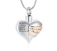 GMLRTOSPT Collana con Ciondolo a Forma di Cuore per Ceneri umane - Inciso Un Pezzo del Mio Cuore Vive in Paradiso, ricordo commemorativo - Argento e Oro Rosa