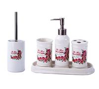 GMMH Set da Bagno Vintage con Rose e Dispenser di Sapone per WC in Ceramica (Set da 5)