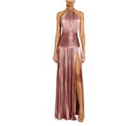 GMQWRK Abito da sera da donna di lusso scintillante in raso con scollo all'americana maxi abiti con spacco alto orlo plissettato elegante senza maniche senza schienale formale abito da sposa ospite di