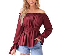 GMQWRK Camicetta da donna rinascimentale da contadina elegante con spalle scoperte con volant a maniche lunghe con punto smock in vita top con polsino elastico vintage medievale vittoriano camicia