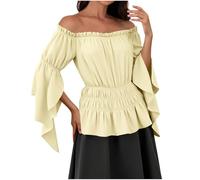 GMQWRK Camicetta peplo da donna con spalle scoperte con volant manica a 3/4 punto smock vita top contadino rinascimentale medievale vittoriano camicia vintage casual slim fit top pirata steampunk