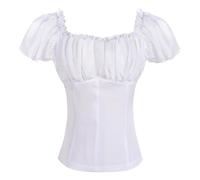 GMQWRK Camicetta vittoriana da ragazza in pizzo a maniche corte a sbuffo da donna elegante con volant con volant girocollo con dettagli bottoni camicetta vintage rinascimentale per look medievale
