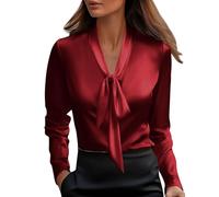 GMQWRK Camicette in Raso con Fiocco al Collo per Donna UK Eleganti Smart a Maniche Lunghe con Scollo a V Camicie alla Moda Casual Ufficio Lavoro Camicetta Lucida Simile alla Seta Pullover Camicia Top