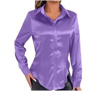 GMQWRK Camicette in raso da donna UK casual slim fit camicie a maniche lunghe moda ufficio lavoro camicetta in seta lucida come camicia abbottonata collo top petite signore camicie e camicette, Viola