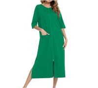 GMQWRK Camicia da notte da donna con maniche a 3/4 alla moda con cerniera completa aperta sul davanti camicia da notte con tasche casual vestibilità ampia maniche raglan orlo a fessura abito midi
