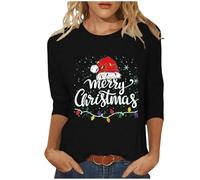 GMQWRK Merry Christmas, maglietta a strato base per ragazze adolescenti, maniche a 3/4, taglie forti, girocollo, stampa con lettera, cappello natalizio, abbigliamento casual, S-5XL, Nero , 3XL