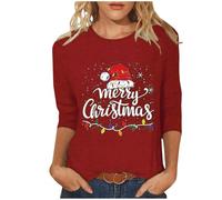 GMQWRK Merry Christmas, maglietta a strato base per ragazze adolescenti, maniche a 3/4, taglie forti, girocollo, stampa con lettera, cappello natalizio, abbigliamento casual, S-5XL, Rosso, M