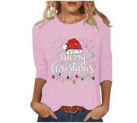 GMQWRK Merry Christmas, maglietta a strato base per ragazze adolescenti, maniche a 3/4, taglie forti, girocollo, stampa con lettera, cappello natalizio, abbigliamento casual, S-5XL, rosa, M