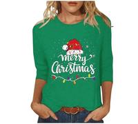GMQWRK Merry Christmas, maglietta a strato base per ragazze adolescenti, maniche a 3/4, taglie forti, girocollo, stampa con lettera, cappello natalizio, abbigliamento casual, S-5XL, Verde, M