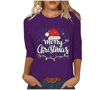 GMQWRK Merry Christmas, maglietta a strato base per ragazze adolescenti, maniche a 3/4, taglie forti, girocollo, stampa con lettera, cappello natalizio, abbigliamento casual, S-5XL, Viola, M