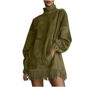 GMQWRK Mini abito da donna in finta pelle scamosciata con collo alto elegante con volant a maniche lunghe con tasche e frange orlo con nappe casual con spalle a goccia allentate abito a tunica