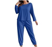 GMQWRK Pigiama da donna morbido e comodo, tinta unita, top e pantaloni, camicia da notte oversize da donna, 2 pezzi, abbigliamento casual a maniche lunghe, pullover da notte taglie forti XL-5XL, Blu