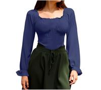 GMQWRK Pullover con scollo quadrato da donna con volant a maniche lunghe con punto smock camicetta vintage rinascimentale vittoriano medievale steampunk contadino top casual slim fit volant trim