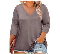 GMQWRK Pullover da donna con maniche a 3/4, maglietta basic con scollo a V, casual, ampia, tinta unita, oversize, tunica top da donna, maglietta taglie forti, camicetta curva, camicetta lunga da donna