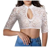 GMQWRK Tween Girls Dirndl camicetta ritagliata collo a lupetto manica corta crop top con bordo in pizzo casual slim fit scava fuori camicette Oktoberfest Carnevale bavarese costume traforato modello
