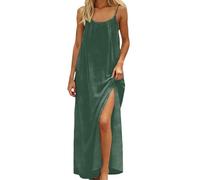 GMQWRK Vestito estivo da donna senza maniche con spalline sottili e spacco laterale con cravatta a U e pieghe dettaglio vacanze spiaggia fluidi orlo spacco abiti lunghi estivi casual, Verde militare
