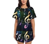 GMSGHJHDR Pigiama da donna con note musicali colorate alla moda, scollo rotondo, a maniche corte, morbido e confortevole, con bottoni, 3D, L