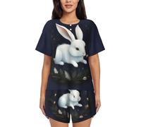 GMSGHJHDR Set pigiama da donna alla moda con coniglio bianco - Girocollo a maniche corte, morbido e confortevole, con bottoni, 3D, 4XL