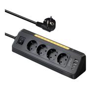 GMY Presa angolare | 4 prese con USB C | Presa multipla angolare con luce notturna per cucina, ufficio, protezione da sovratensione, 3680 W, 1,5 mm², 2 m, presa da cucina nera