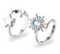 GNALIA Donna Anello Antistress Regolabile, Set Anelli Ansia, Anello con perline Antistress Luna e Stella per Ragazza Uomo, Argento, 2pcs