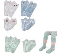 GNALIA Ginocchiere Neonato Per Gattonare, 3 Paia Ginocchiere + 3 Paia Calzini Per Bambini 0-12 Mesi, Antiscivolo Con Motivi Coniglio Verde, Orsetto Grigio E Blu