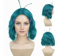GNIMEGIL Parrucca Envy, colore ciano, corta, riccia e mossa, con 2 forcine parrucche per Halloween, cosplay, feste e film, per il costume di Envy