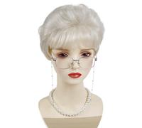 GNIMEGILSet di parrucche corte da nonna,capelli sintetici biondo platino,nonna per i primi 100 giorni di scuola,Halloween,nonna o mamma,riccia bianca da donna con occhiali e collana,per donne mature.
