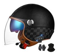 GNIUBBDB Jet Casco Bluetooth Moto With ECE Certification - Leather Scooter Helmet for Adults Men Women With Dual Sun Visor